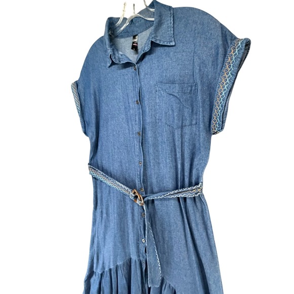 Red + Olive Denim Shirt Dress Women M Blue Belted Embroidered Hi Lo Boho Western - Picture 3 of 14
